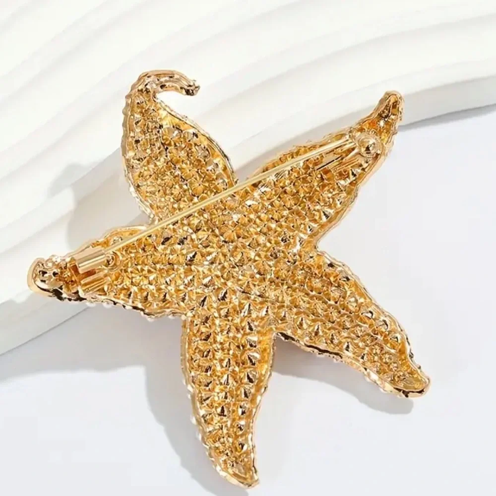 Golden Starfish Pearl, Rhinestones Brooch, Lapel Pin
